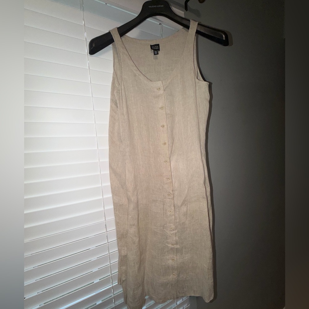 Eileen Fisher Vintage Linen V-neck Tank Dress Italian Fabric Womens Size Medium